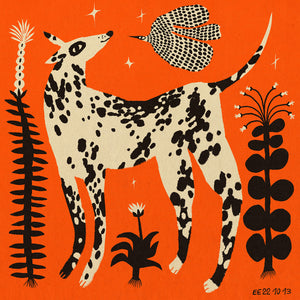 Spotted dog in the magic garden orange